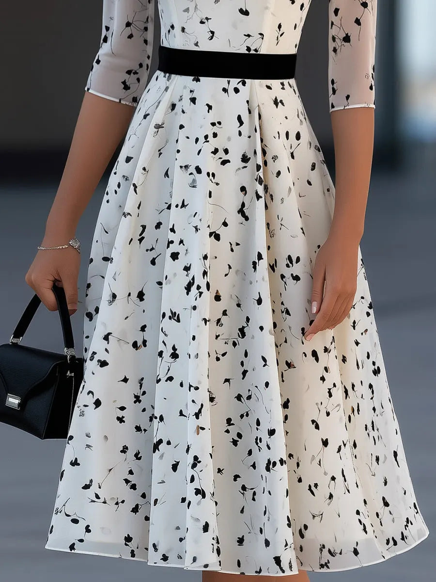 Contrast Waist Sheer Mesh Floral Print Midi Dress