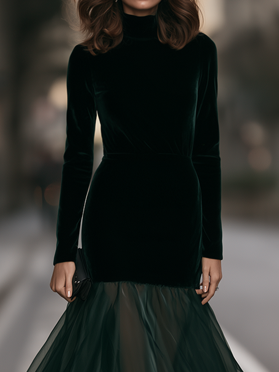 Turtleneck Sheer Organza Flare Hem Velvet Trumpet Maxi Dress