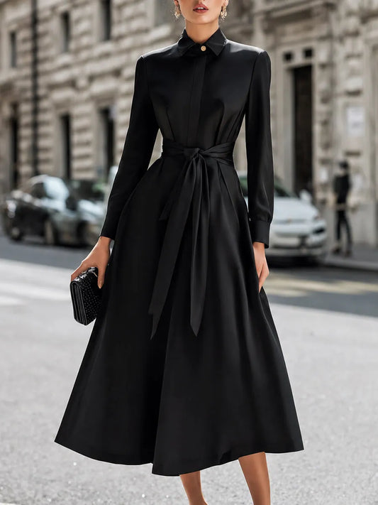 Belted Button-Front Midi Shirt Dress With Full A-Line Skirt