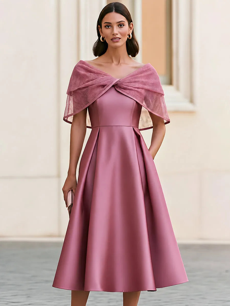 Mesh Cape Off-Shoulder A-Line Midi Dress