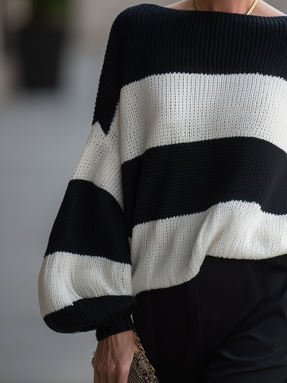 Women's Off-Shoulder Striped Chunky Knit Oversized Sweater