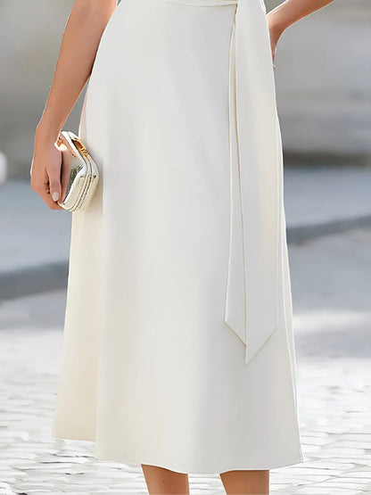 Asymmetrical Off-Shoulder Belted Midi Dress