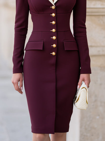 Contrast Lapel Button-Front Tailored Midi Dress
