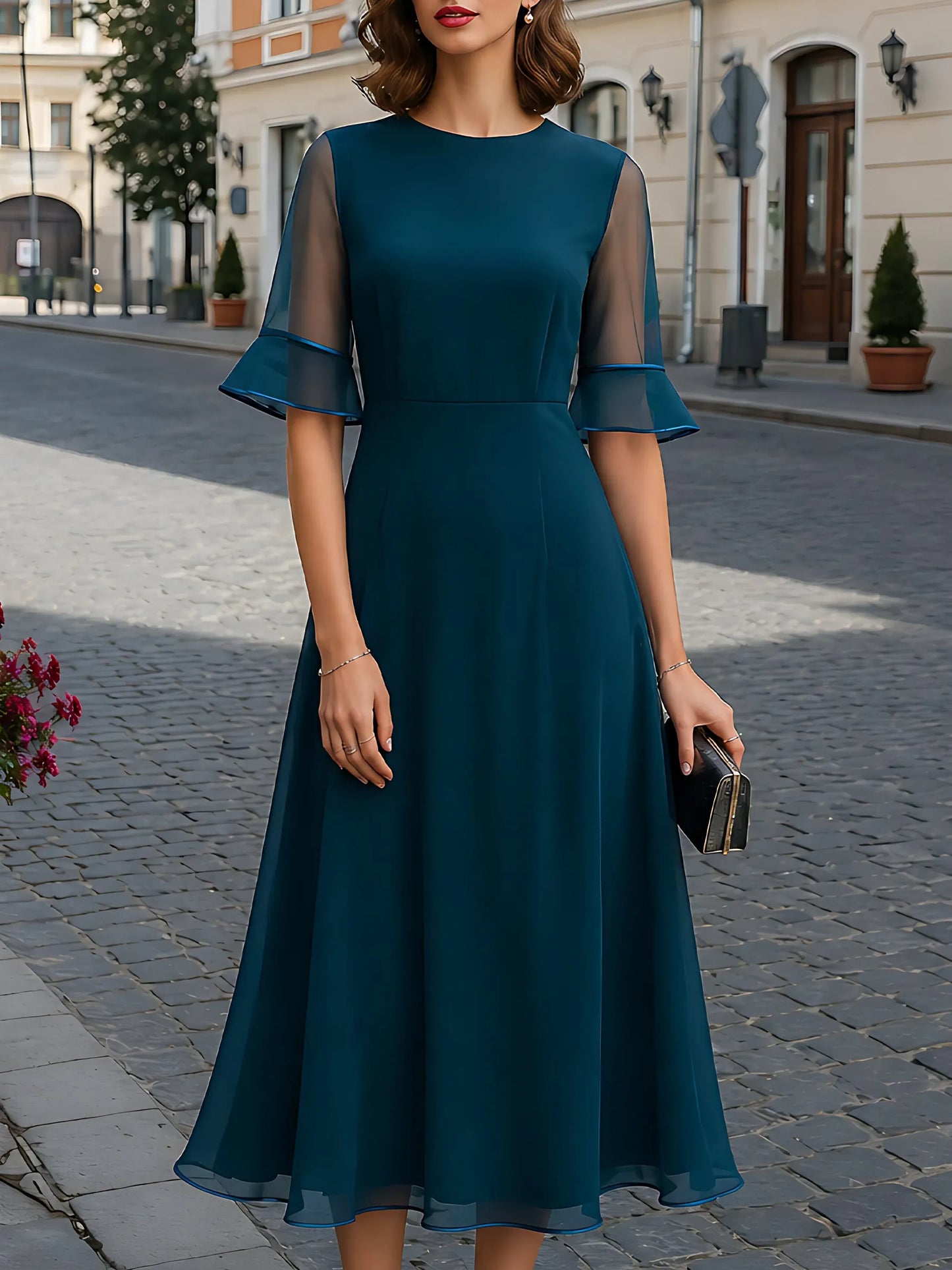 Sheer-Sleeve Chiffon A-Line Midi Dress