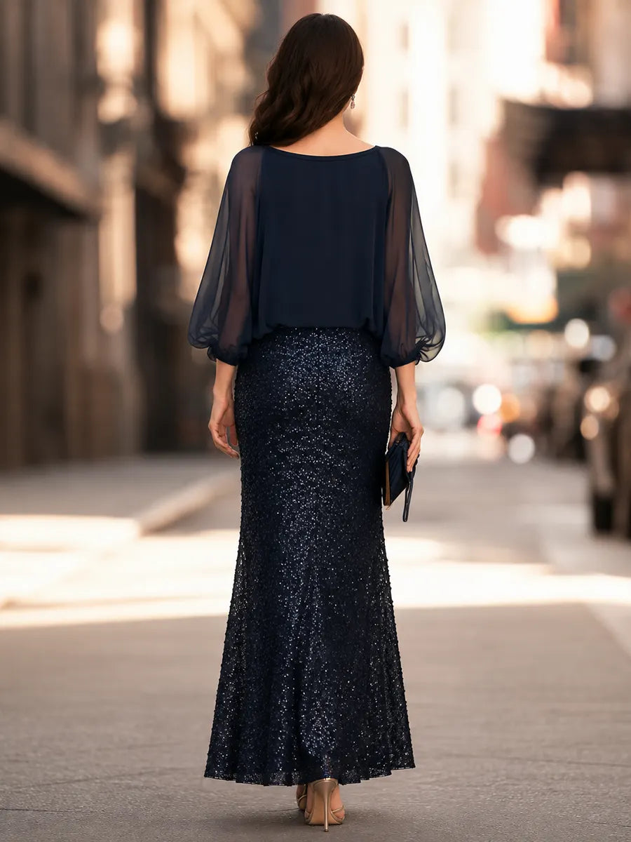 Sequin Mermaid Evening Gown with Sheer Chiffon Batwing Sleeve Overlay