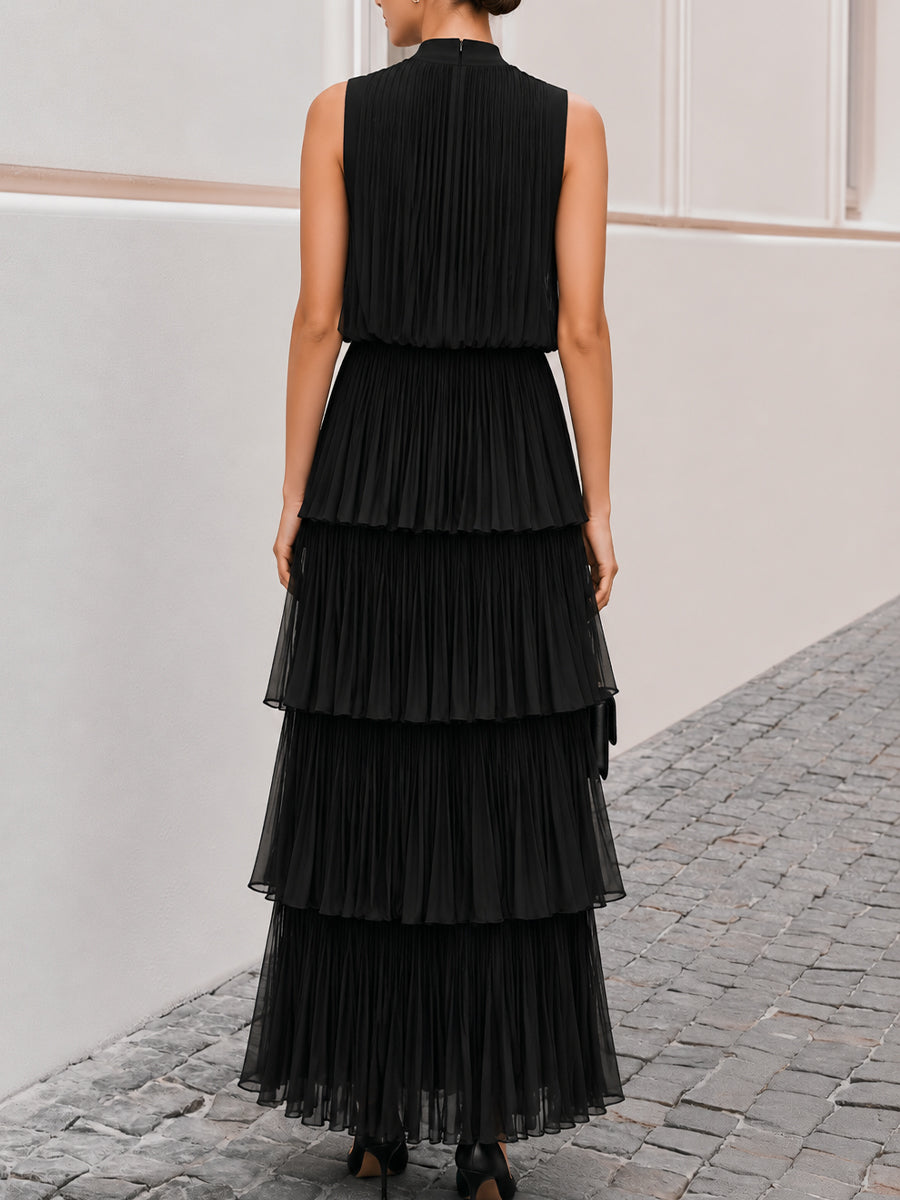 Sleeveless High Neck Pleated Tiered Chiffon Maxi Dress