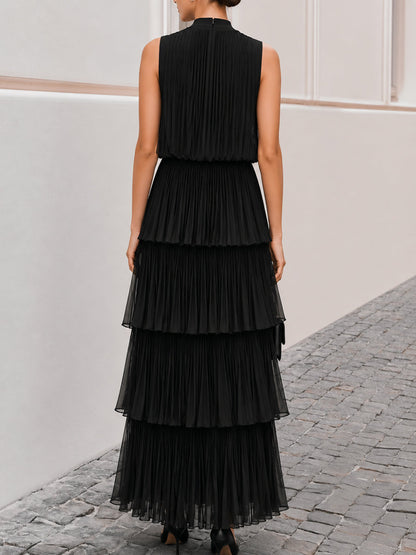 Sleeveless High Neck Pleated Tiered Chiffon Maxi Dress