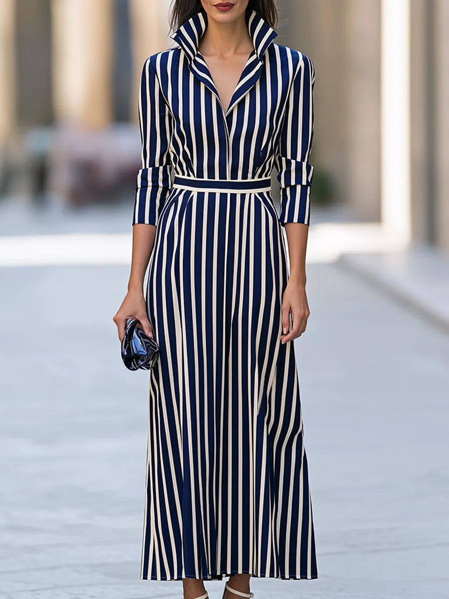 Striped Collared Belted Maxi Dress