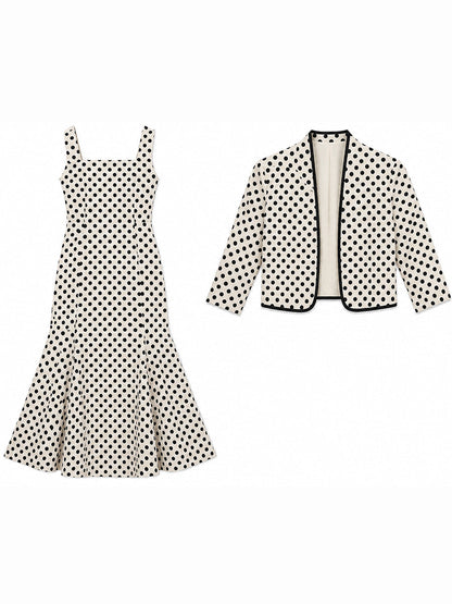 Polka Dot Cropped Blazer And Midi Dress Set
