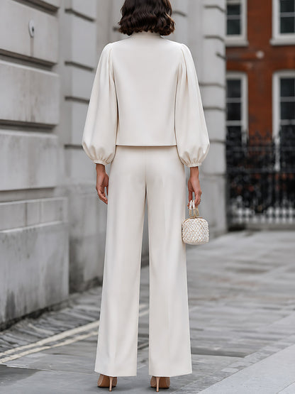Pearl-Button Balloon-Sleeve Pants Set