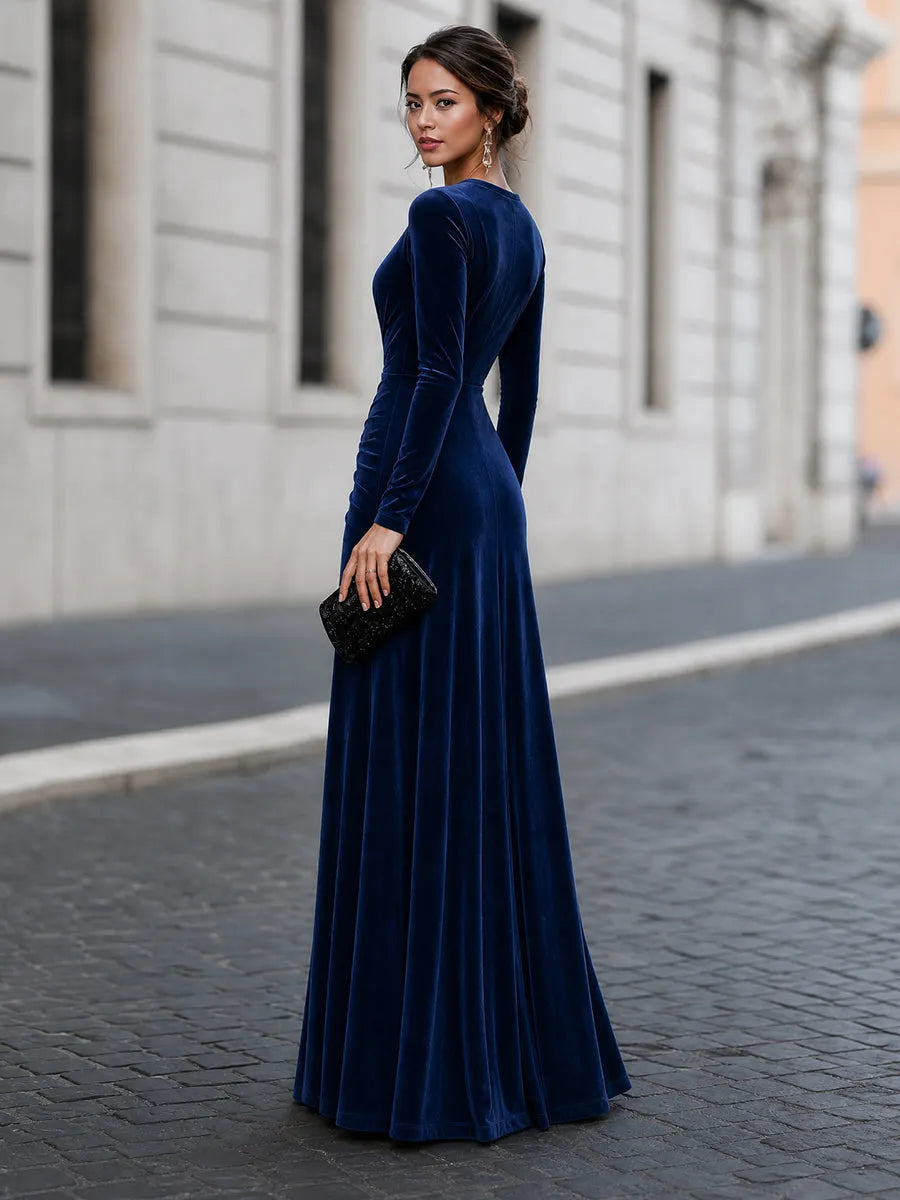 Elegant Velvet V-Neck Long Sleeve Ruched Maxi Evening Dress