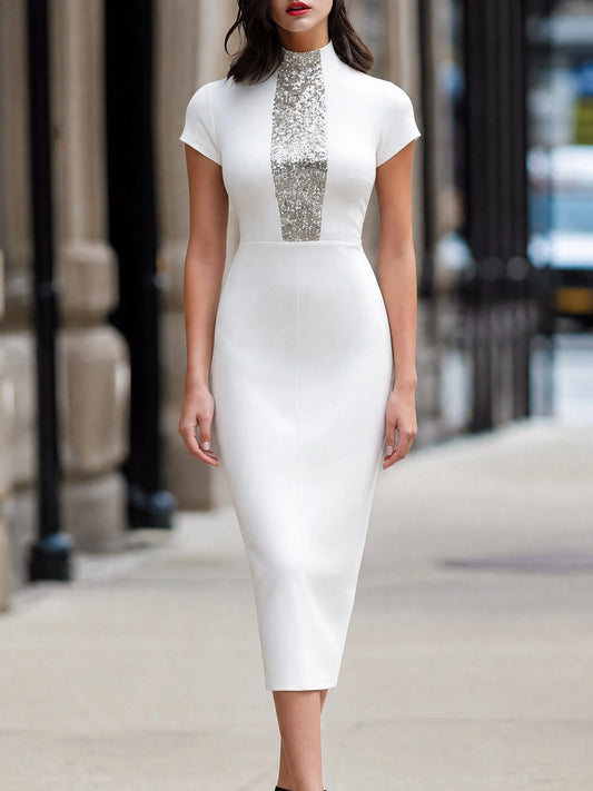 Robe midi structurée à col montant avec empiècements à sequins