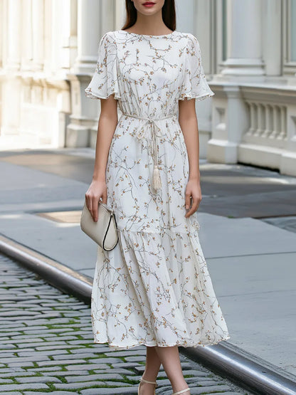 Waist Tie Floral Branch Print Tiered Midi Dress