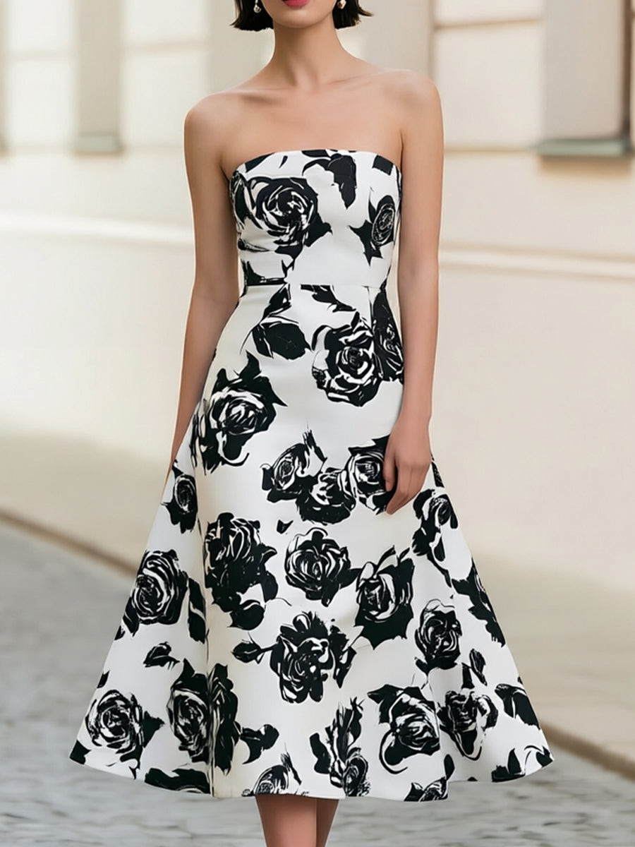 Black Satin Bolero & White Rose Print Strapless Midi Dress Two-Piece Set