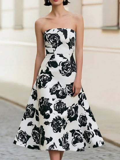 Black Satin Bolero & White Rose Print Strapless Midi Dress Two-Piece Set