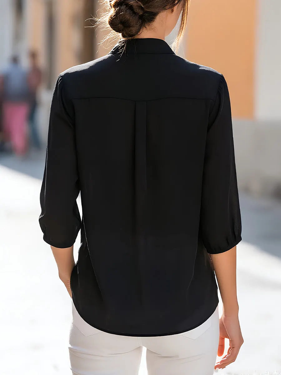 Sequin Placket 3/4 Sleeve Stand Collar Blouse