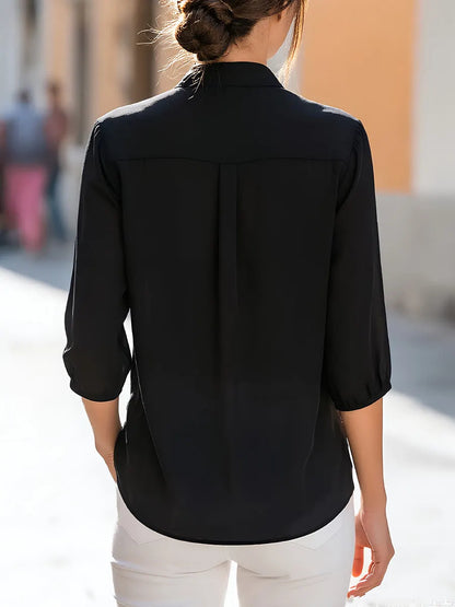 Sequin Placket 3/4 Sleeve Stand Collar Blouse