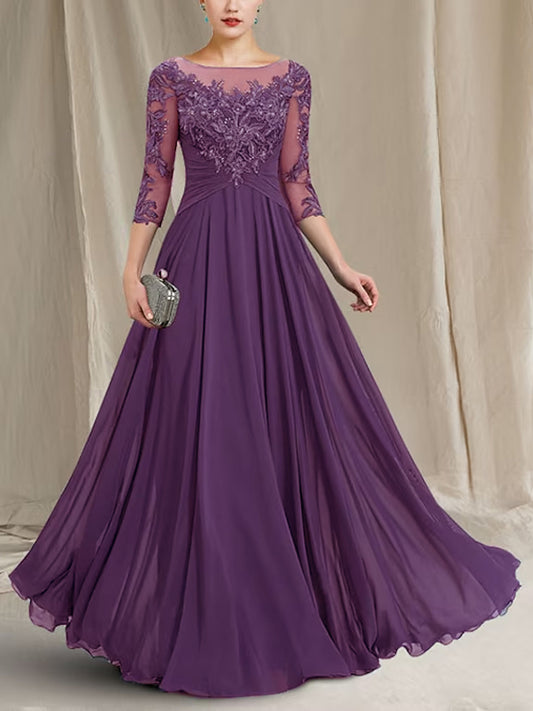 Vestido Longo Chiffon Renda Manga 3/4