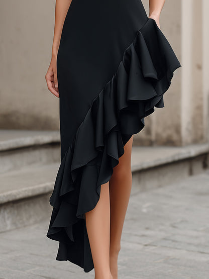Asymmetric Ruffle Hem Slip Midi Dress