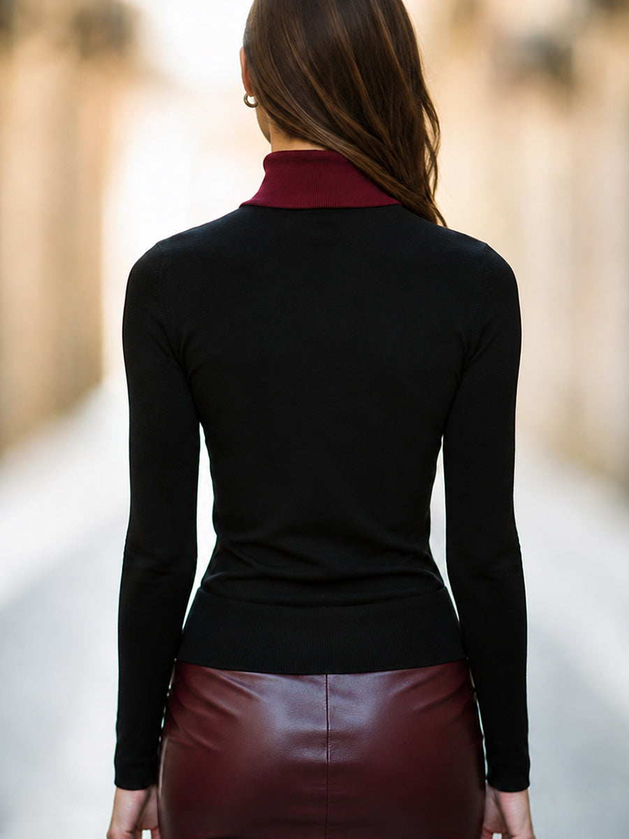Geometric Colorblock Turtleneck Knit Top