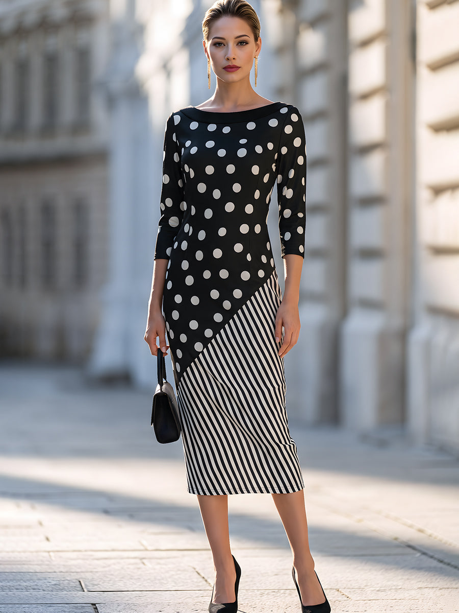Mixed-Print Asymmetrical Midi Dress