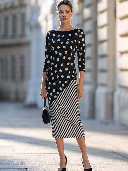 Mixed-Print Asymmetrical Midi Dress