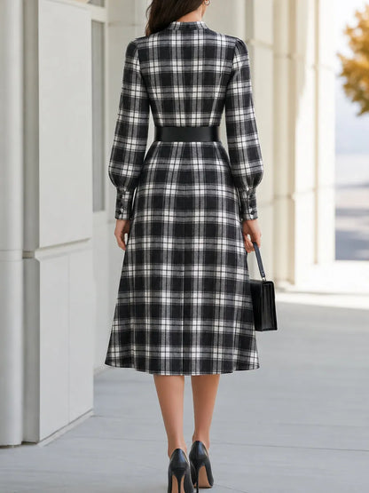 Vintage Black White Plaid Stand Collar Belted Midi Shirt Dress