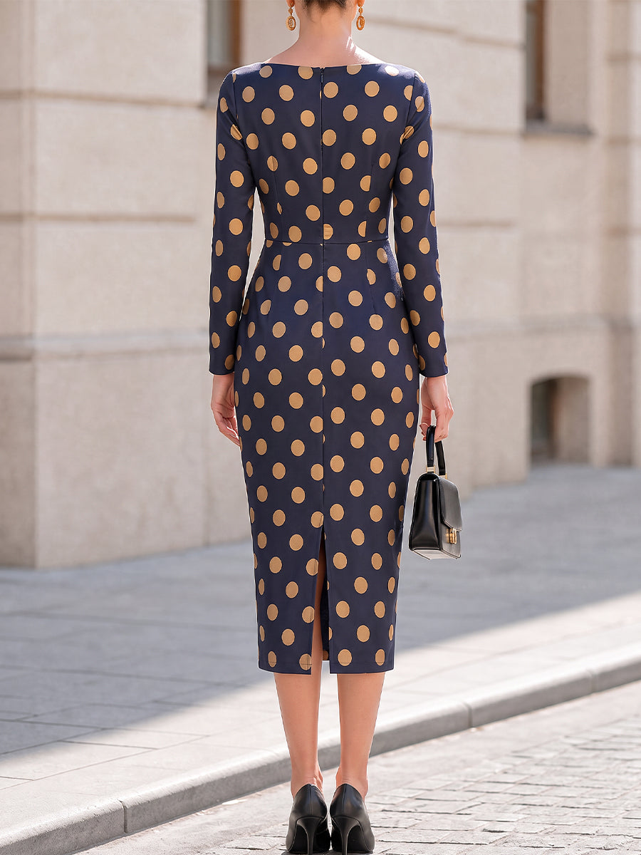 Boat‐Neck Polka‐Dot Long‐Sleeve Pencil Midi Dress