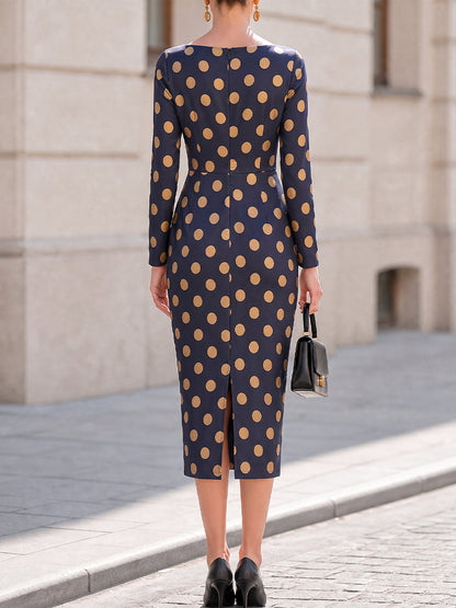 Boat‐Neck Polka‐Dot Long‐Sleeve Pencil Midi Dress