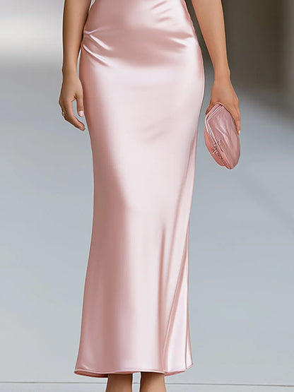 Mock Neck Satin Column Maxi Dress