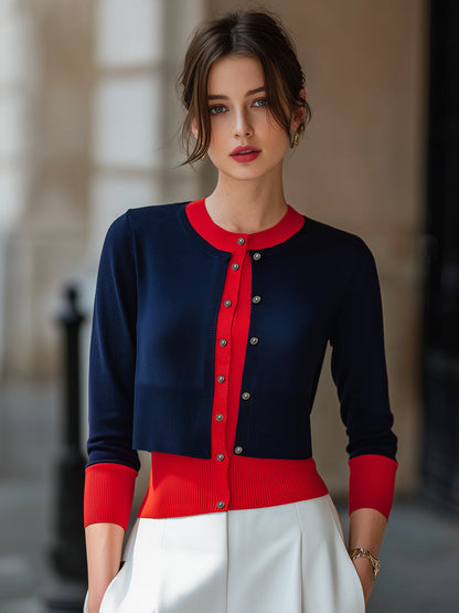 Color-Blocked Layered Button-Down Knit Cardigan