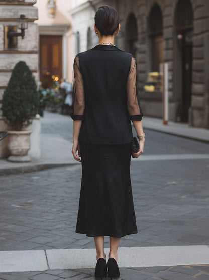 Mesh Sleeve Blazer & Strapless Satin Midi Dress Two-Piece Set