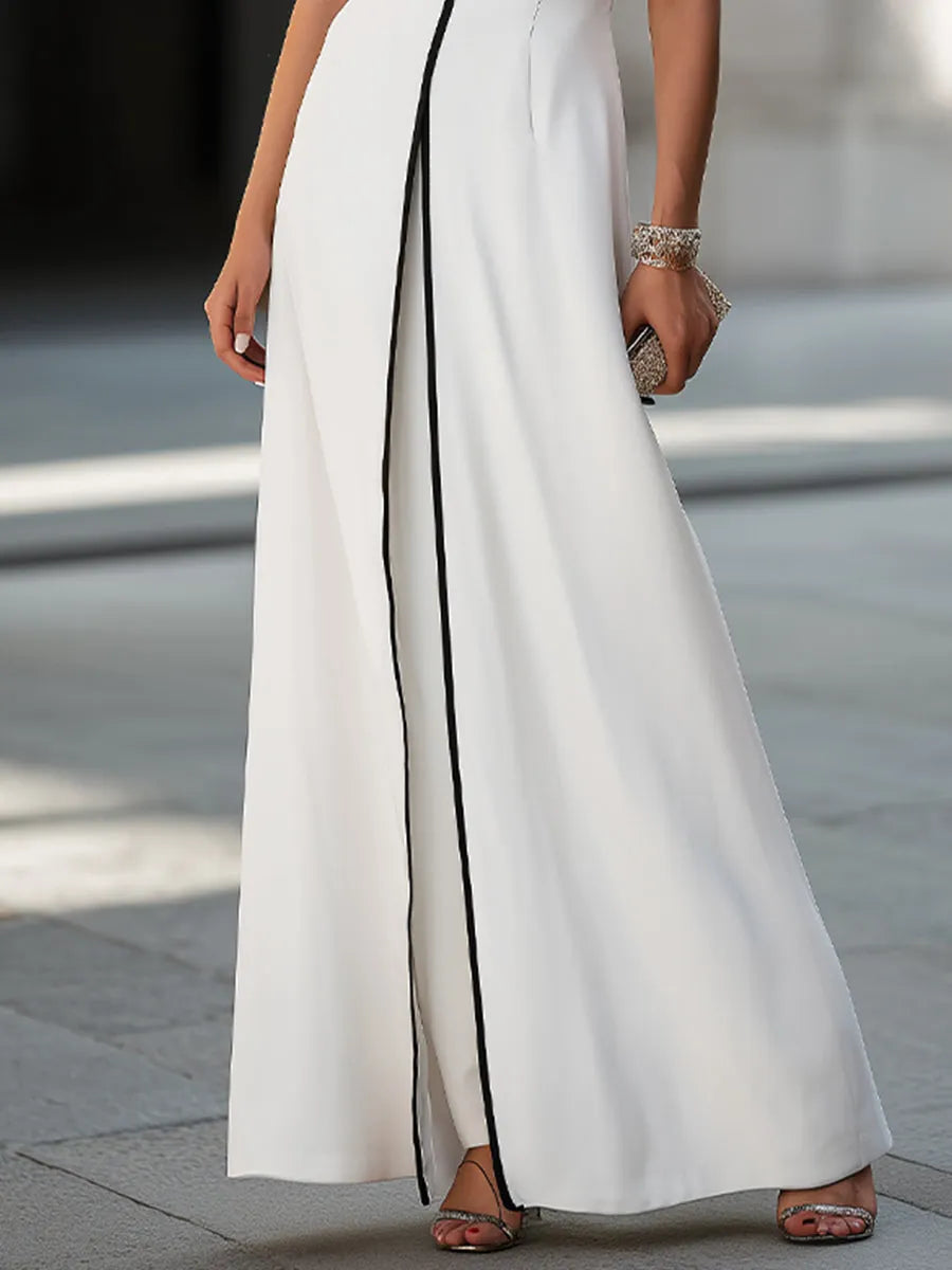 Contrast Piping Short Sleeve Maxi Dress & Wide Leg Pants Two-Piece Set