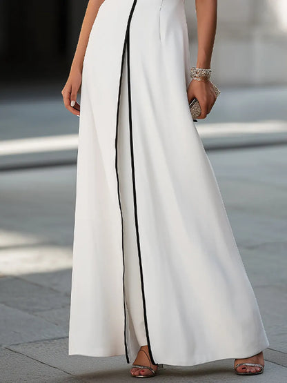 Contrast Piping Short Sleeve Maxi Dress & Wide Leg Pants Two-Piece Set