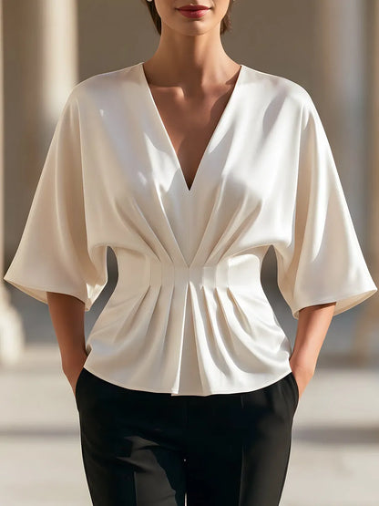 Draped V-Neck Ruched Waist Peplum Blouse