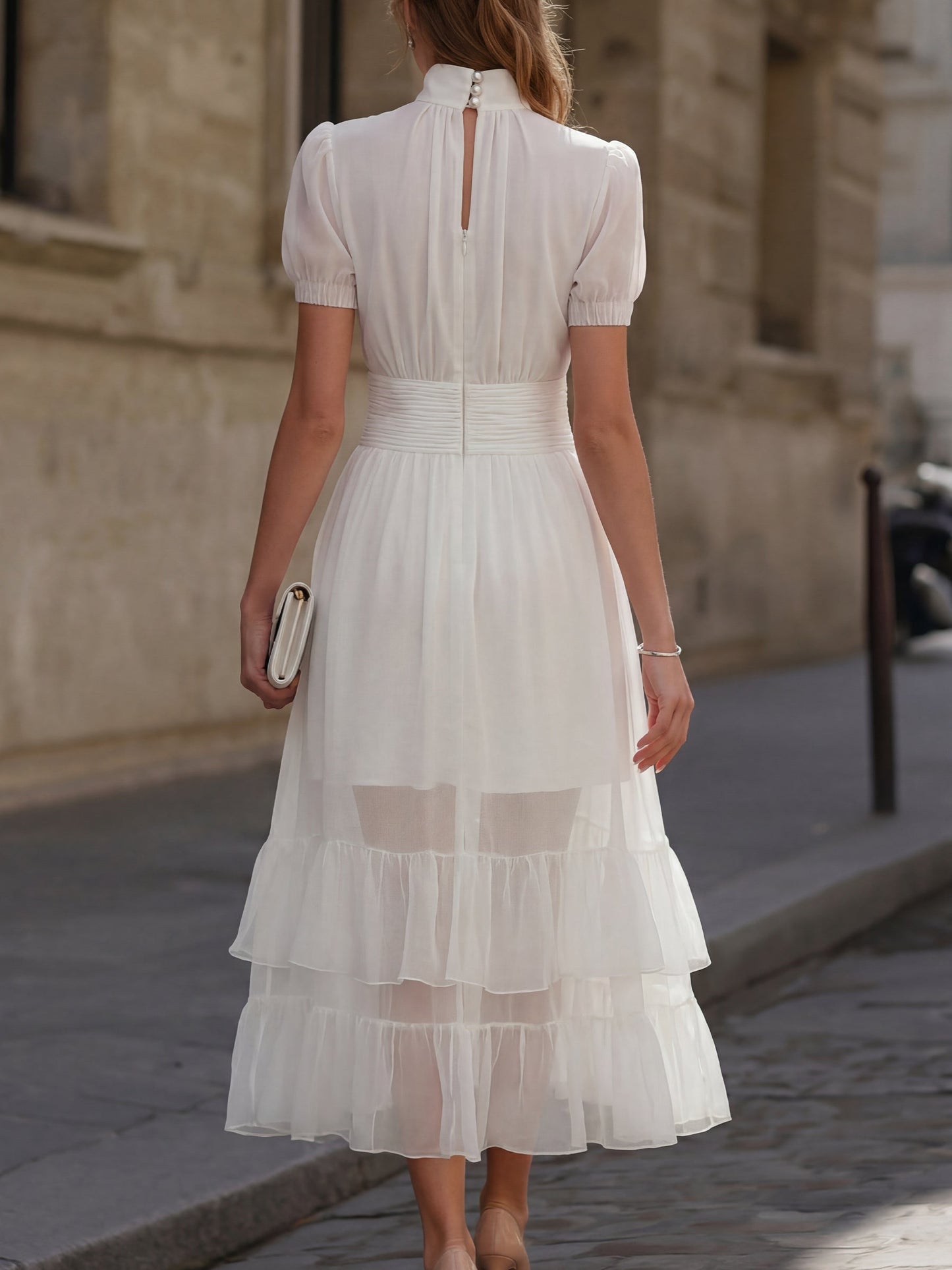 High-Neck Puff Sleeve Ruched Waist Tiered Ruffle Midi Dress