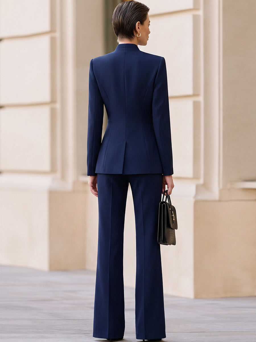 Stand‐Collar Double‐Breasted Blazer & Flare‐Leg Trouser Two‐Piece Suit