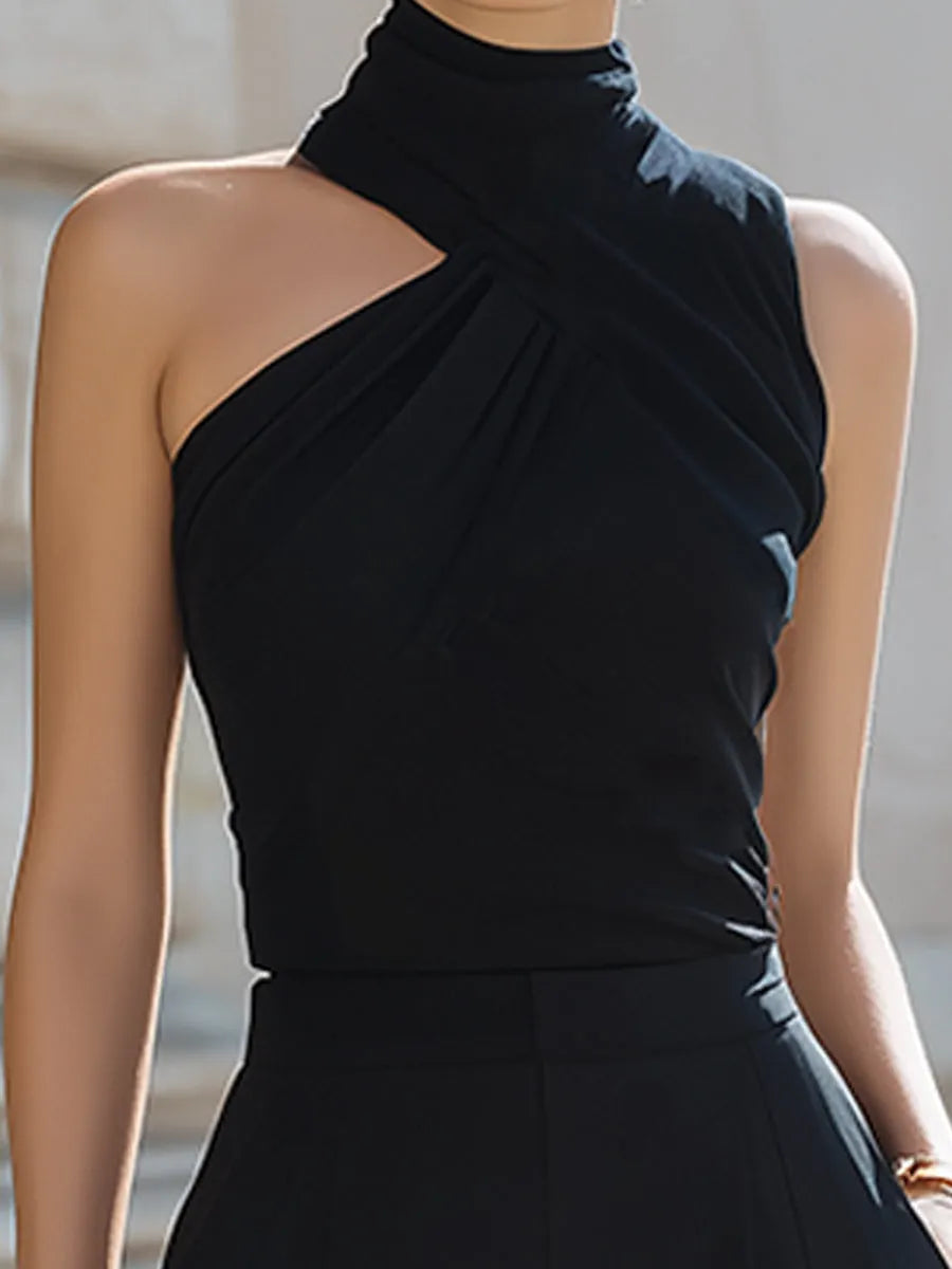 Asymmetrical Halter-Neck Wide-Leg Elegant Two-Piece Set