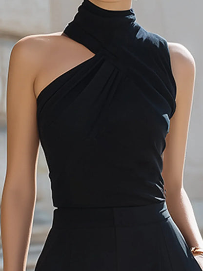 Asymmetrical Halter-Neck Wide-Leg Elegant Two-Piece Set