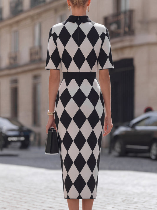 Robe midi à col montant en maille à motif argyle