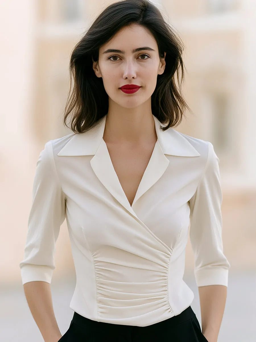 White Ruched Wrap Tailored Collar Front Blouse