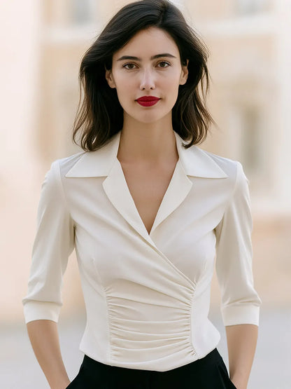 White Ruched Wrap Tailored Collar Front Blouse
