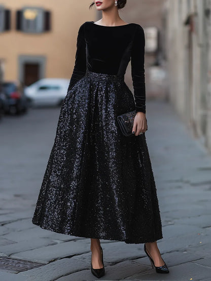 Elegant Velvet Long Sleeve Sequin Maxi Dress