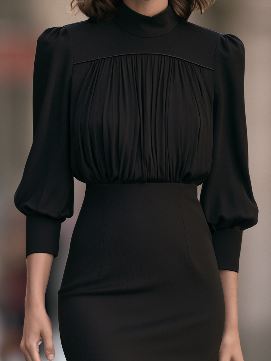 Mock-Neck Pleated Blouson Top and High-Waist Sheath Midi Skirt Set
