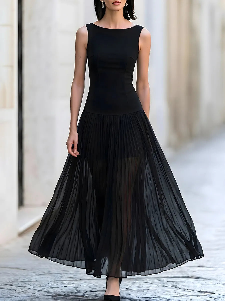 Sleeveless Boat Neck Pleated Tulle Maxi Dress