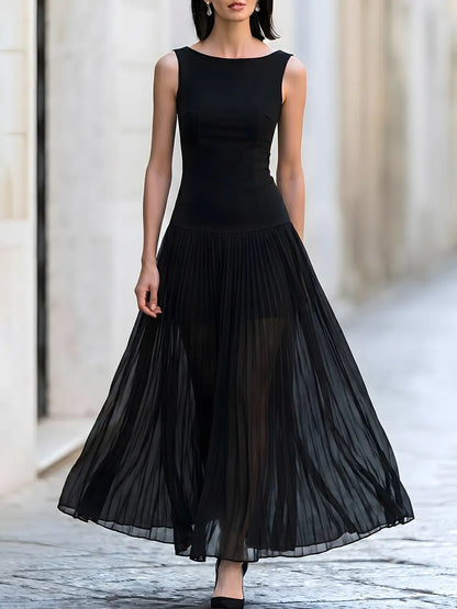 Sleeveless Boat Neck Pleated Tulle Maxi Dress