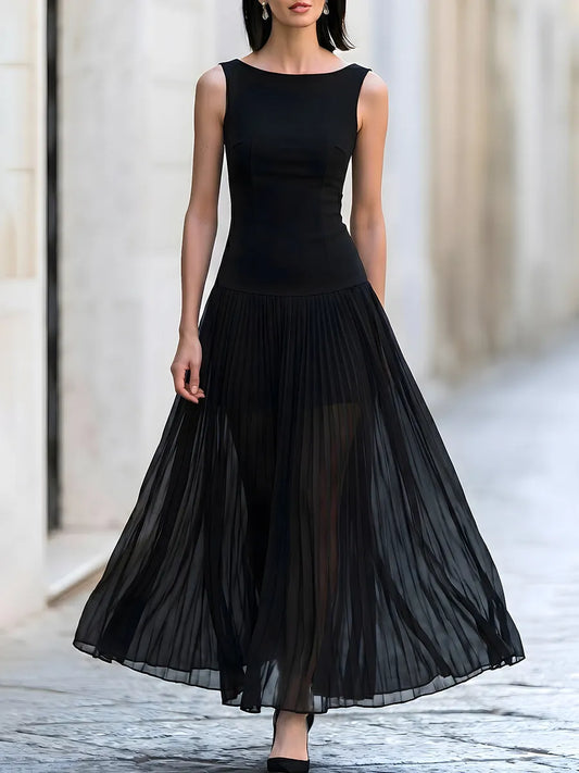 Sleeveless Boat Neck Pleated Tulle Maxi Dress