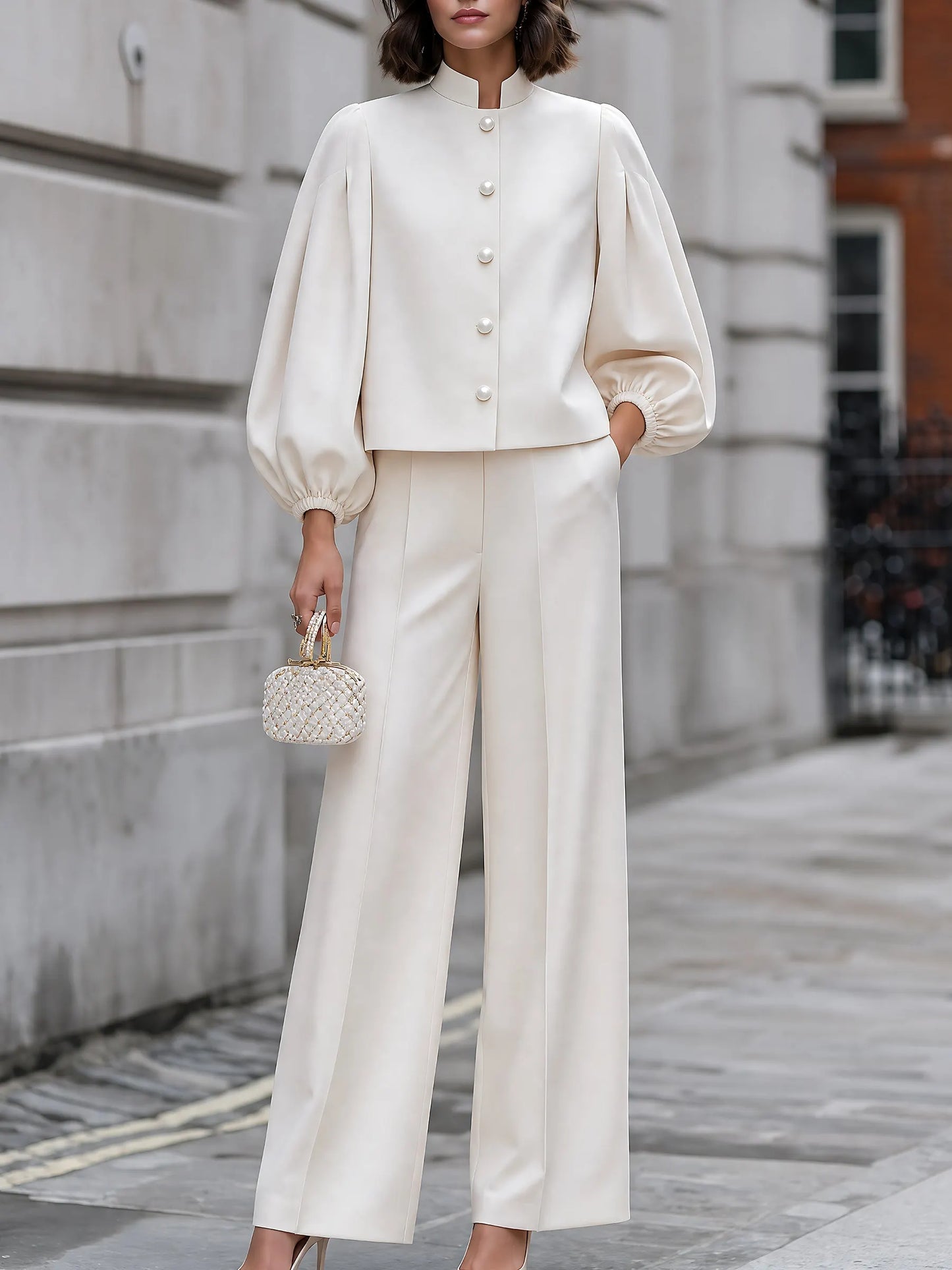 Pearl-Button Balloon-Sleeve Pants Set