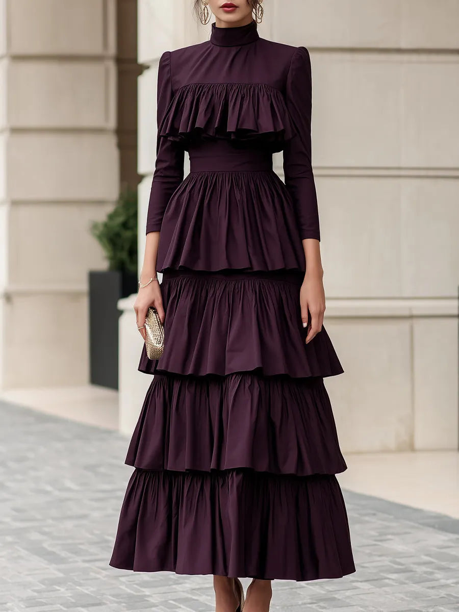High Neck Multi-Tiered Ruffle Maxi Dress