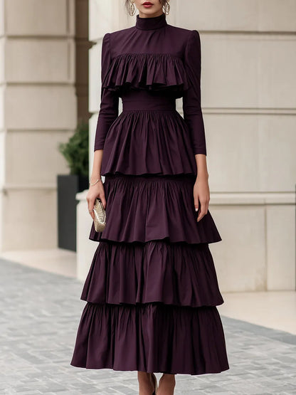 High Neck Multi-Tiered Ruffle Maxi Dress
